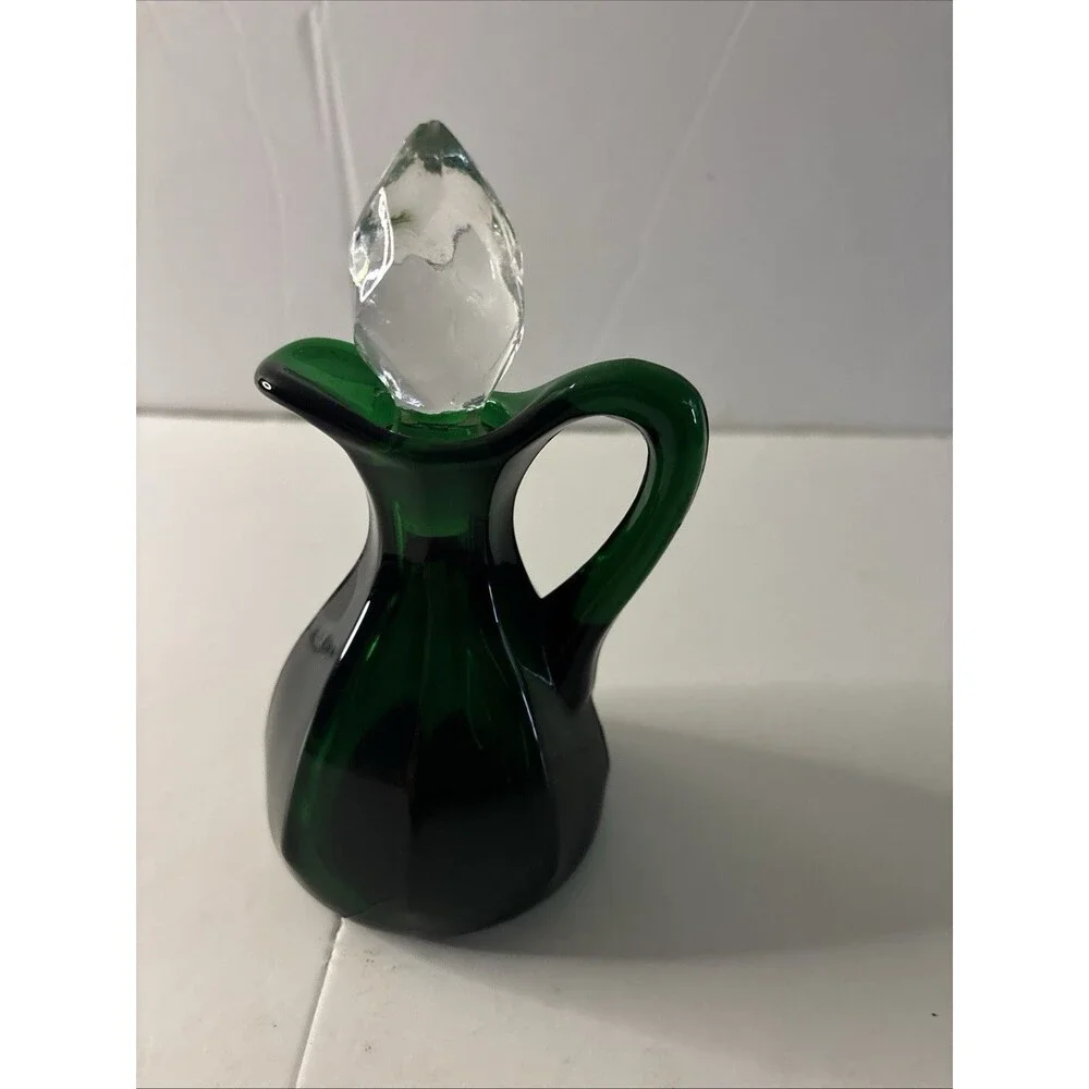 Hand Blown Glass Emerald Green glass Cruet Crystal stopper 5 1/2